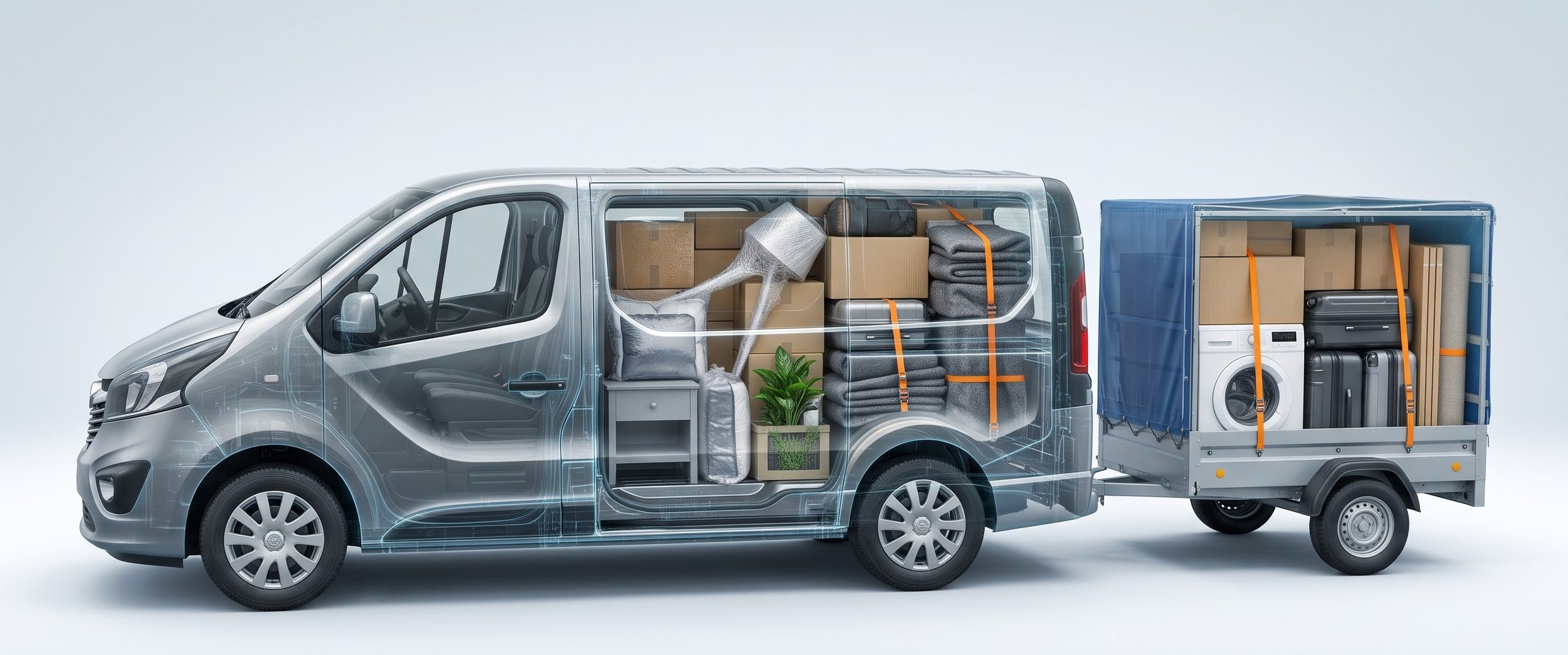 Opel Vivaro Extra Long с прицепом в разрезе: в салоне и в прицепе уложены коробки, чемоданы, стиральная машина, тумбочка, лампа в плёнке и цветок, всё закреплено ремнями.