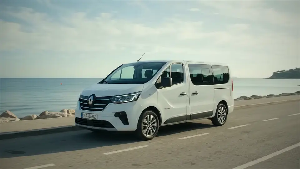 Видео создано ИИ: Renault Trafic на набережной, вид спереди и сбоку