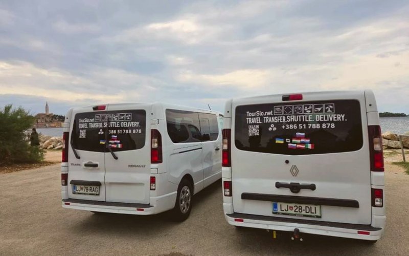 Два белых Renault Trafic TourSlo сзади, у моря в Ровине