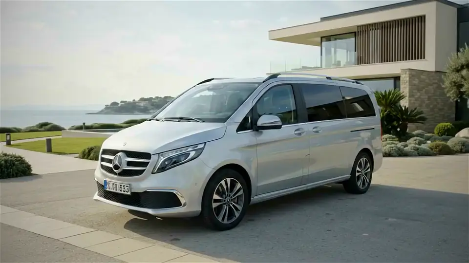 Видео создано ИИ: Mercedes V-Class у моря, вид спереди и сбоку