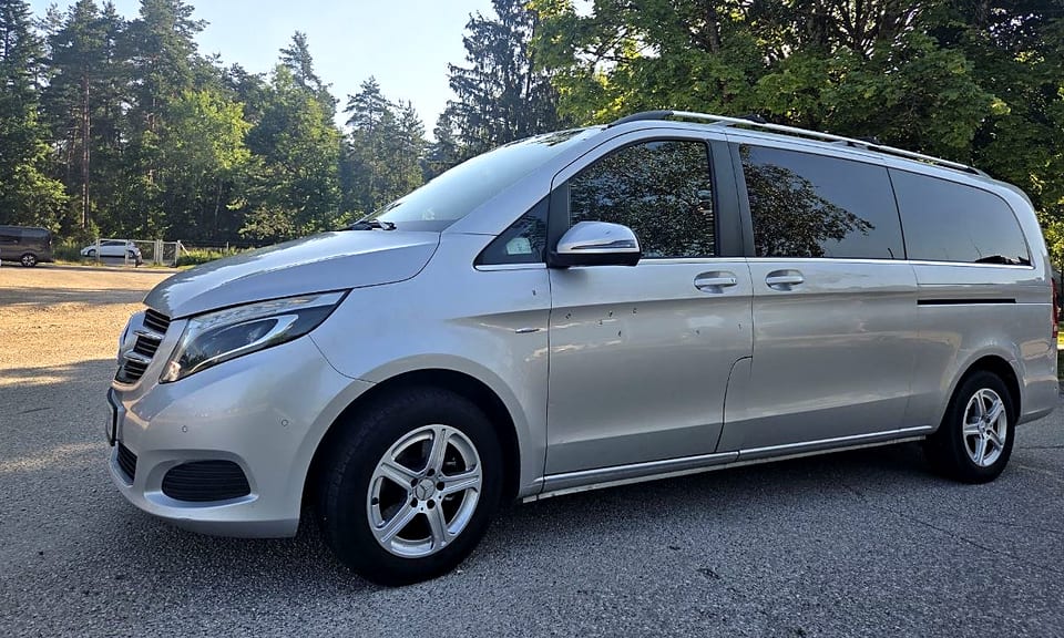 Серебристый Mercedes V-Class TourSlo у леса